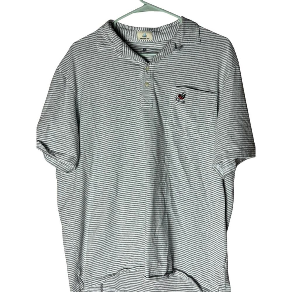 Johnnie-O Hangin’ Out Men’s XL Gray White Striped Polo Bulldog Logo Pocket